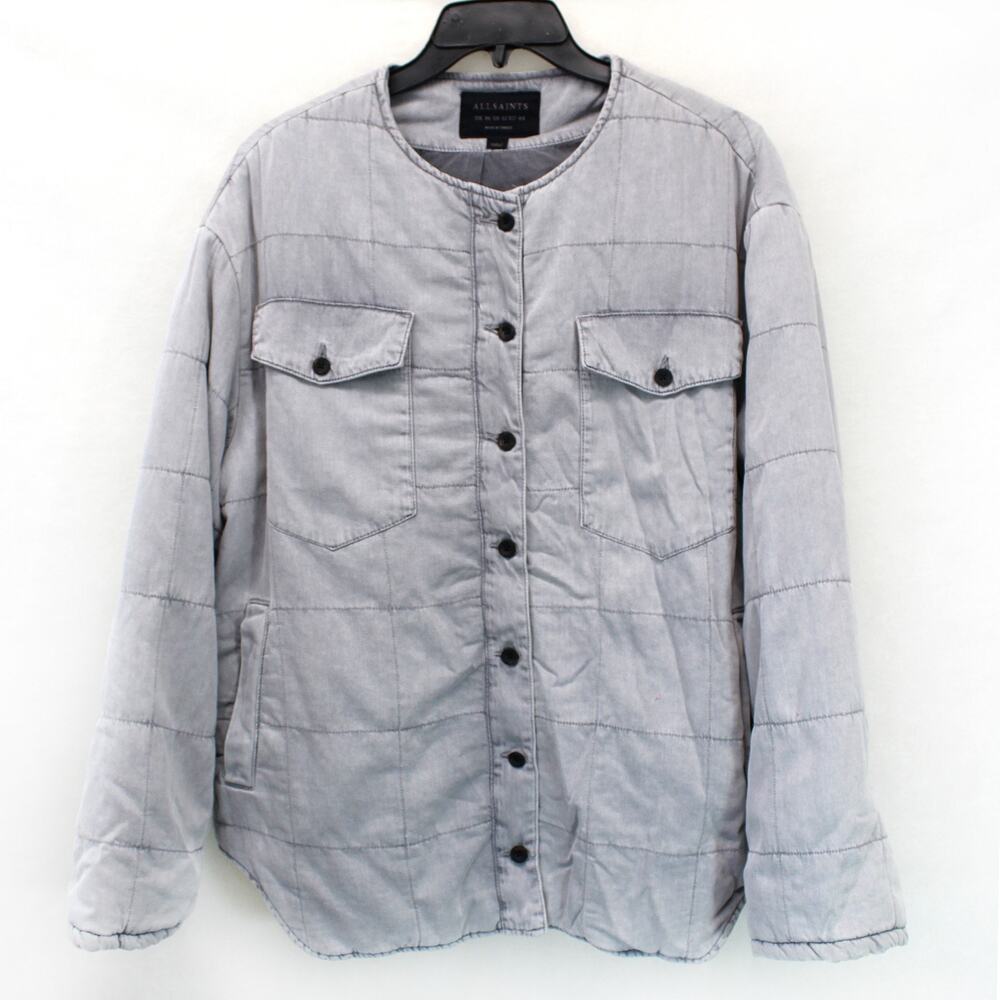 ALLSaints Quilted Gray Jacket Coat Button Outdoor Pockets Minimalist Size 12